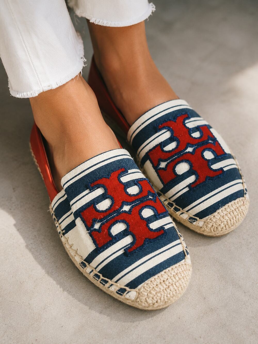 Tory Burch SZ 8 Ines Striped Fil Coupé Espadrille-Navy Bold Awning Stripe/ Red